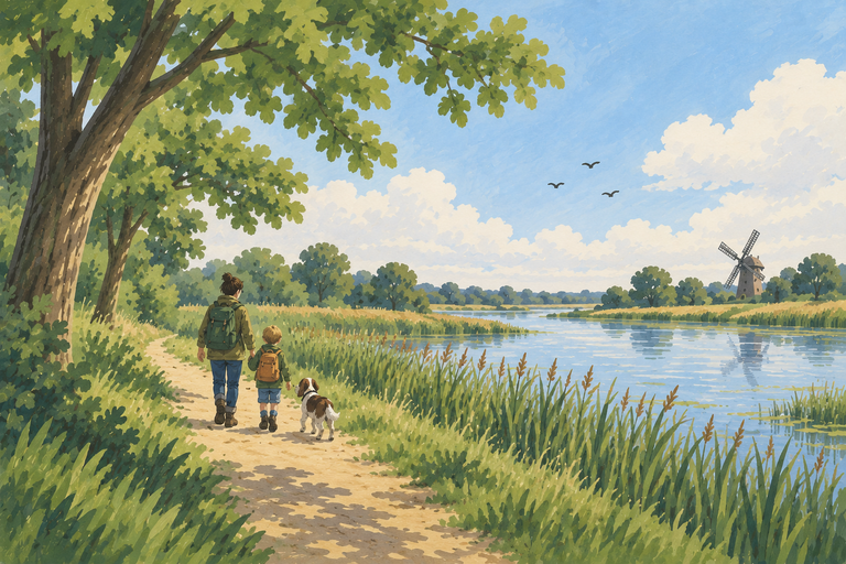 Illustration: a family and their dog walking a reed-lined path beside a river, with a windmill in the distance.
